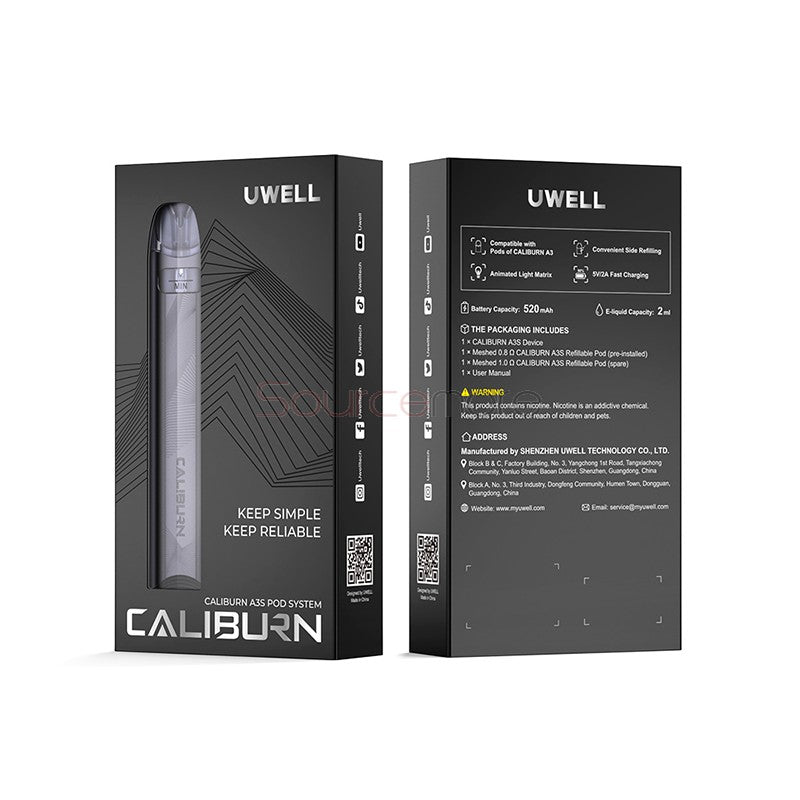 “Uwell Caliburn A3S 16W Pod Kit with Box – Leak-Resistant MTL Vape System”