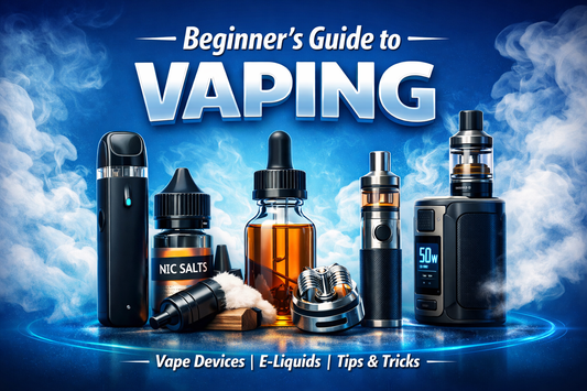 Beginner’s guide to vaping banner showing pod system, vape mod, coils, and e-liquid bottles