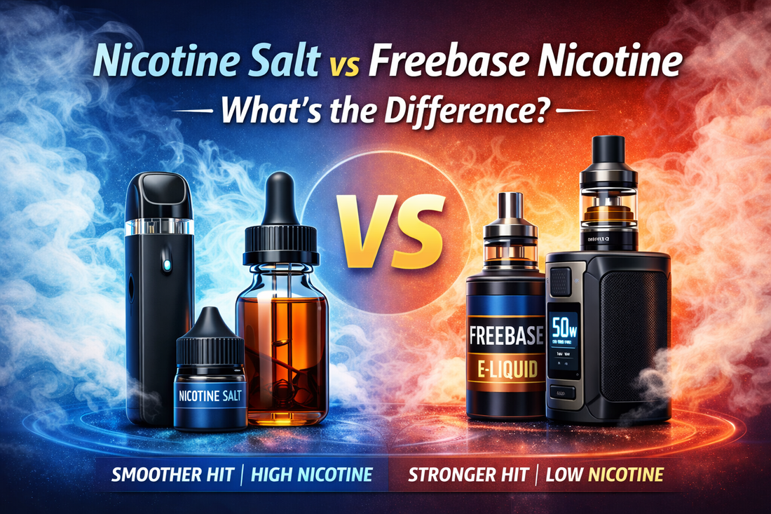 Nicotine salt vs freebase nicotine comparison showing pod system, box mod, and e-liquid bottles