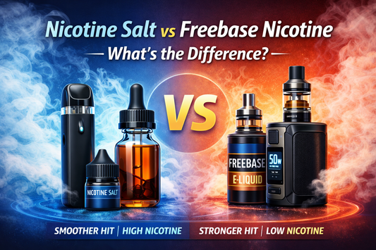 Nicotine salt vs freebase nicotine comparison showing pod system, box mod, and e-liquid bottles