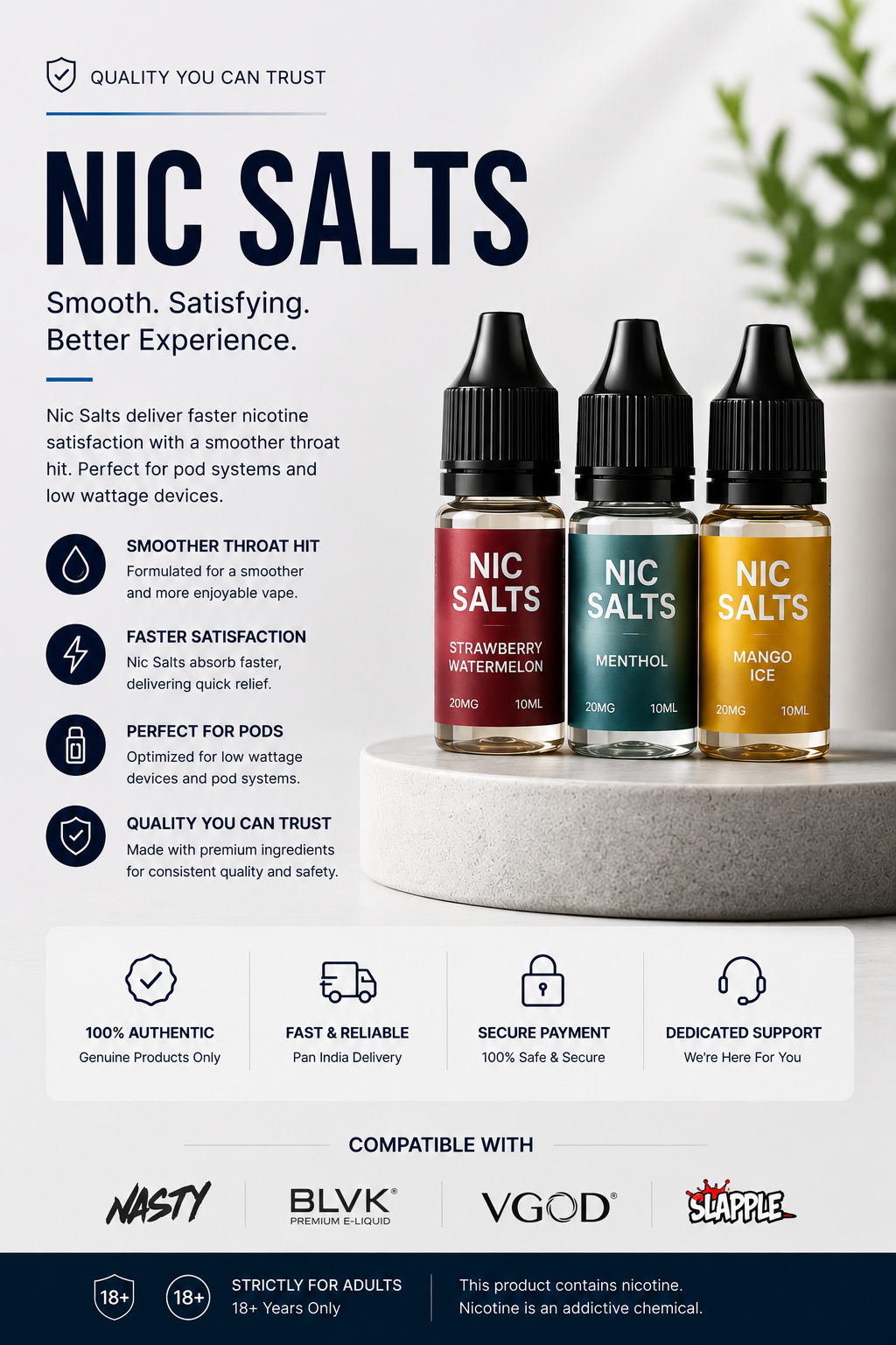 “Nicotine Salt E-Liquids Collection in India – Premium Nic Salts from Nasty, BLVK, V God, I Love Salts and more at VapeHubIndia.in for smooth and satisfying hits.”