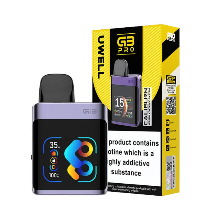 "Uwell Caliburn G3 Pro KOKO Pod Kit with pods, USB Type-C cable and box accessories for vaping"