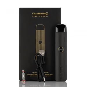 "Uwell Caliburn G 18W Pod Kit complete package – device, pod, USB cable and box contents"